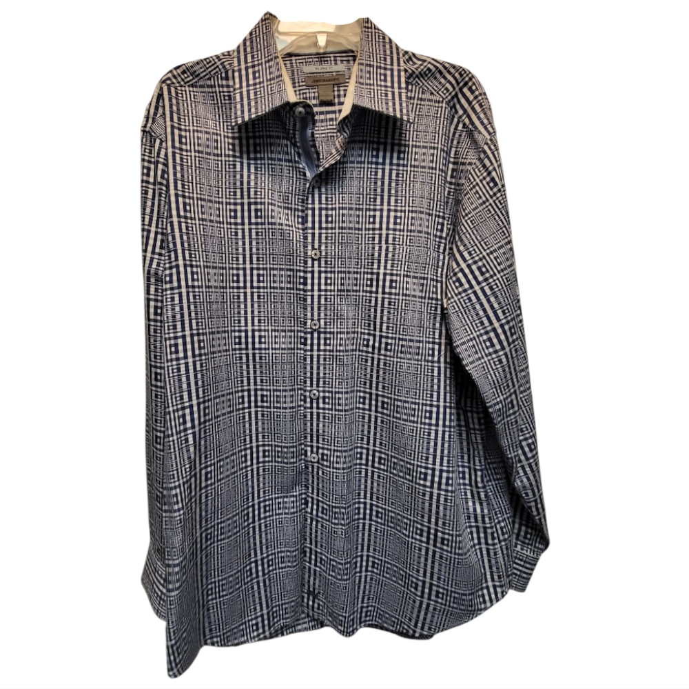 Johnston & Murphy Men's Blue White Tailored Fit Long Sleeve Check Shirt- Size XL